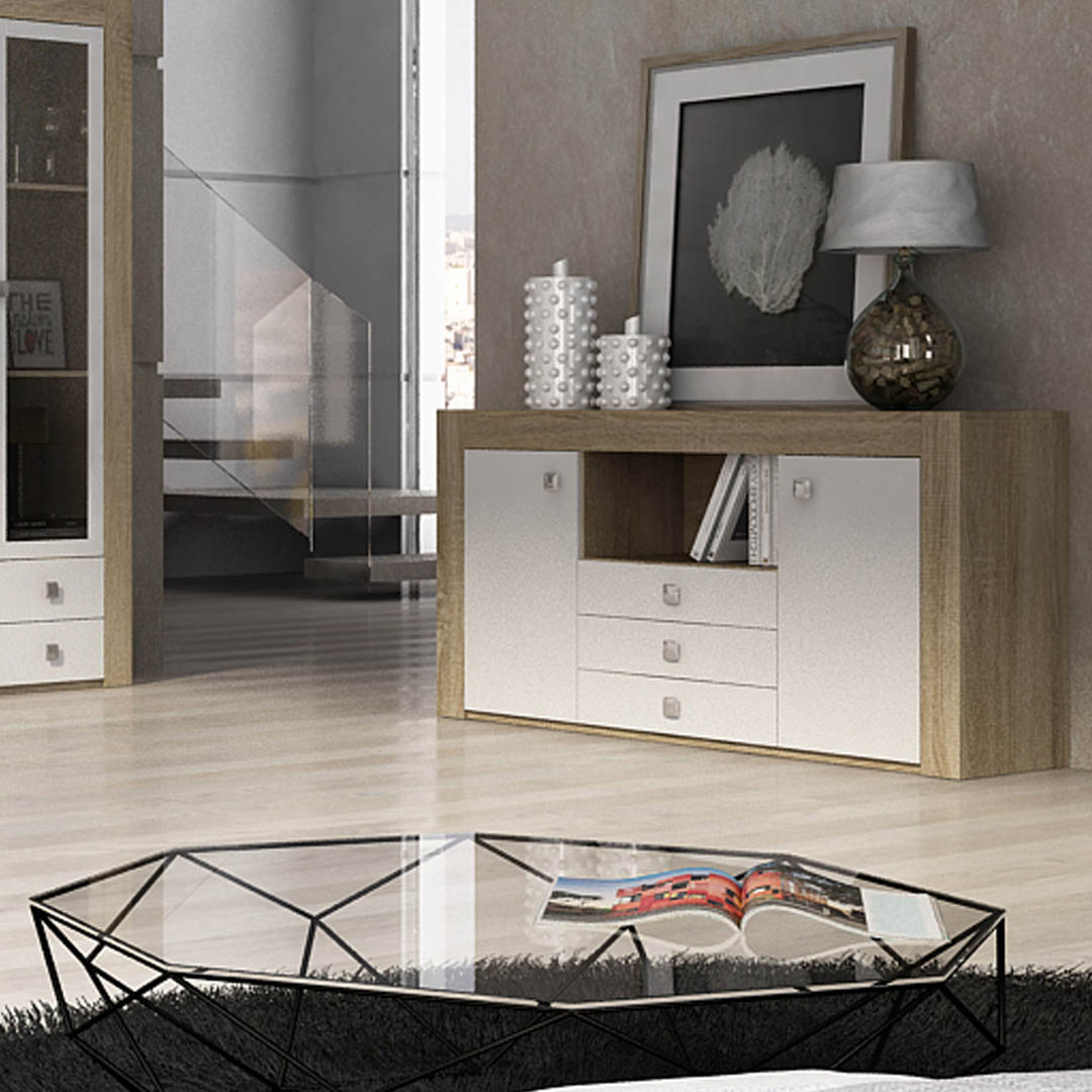 Mueble Recibidor con Cajón y Espejo Modelo Londres Natural y Blanco.