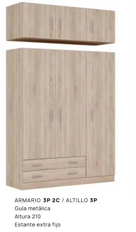 Armario 3 puertas abatibles con cajones 150x200cm